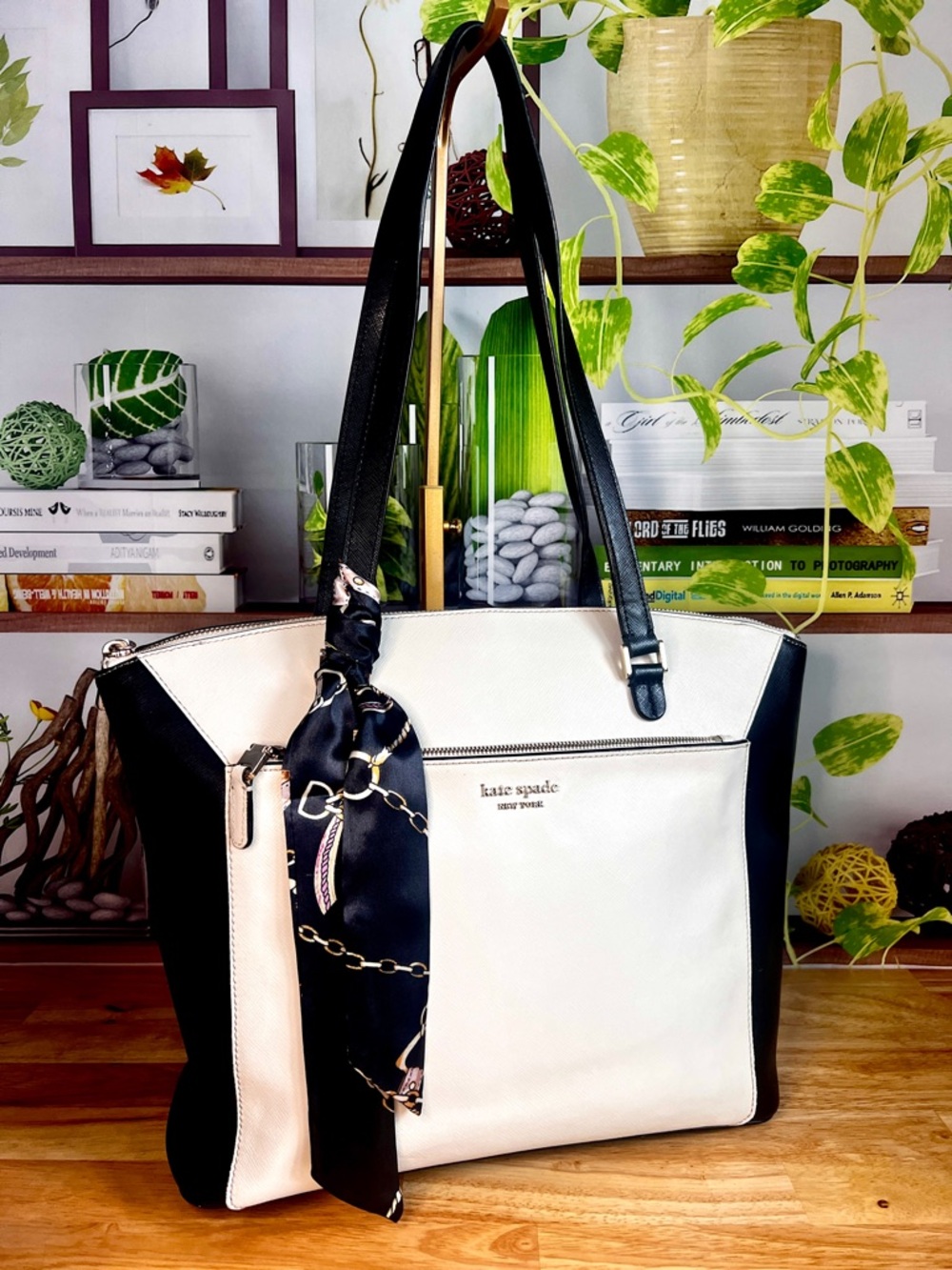 Kate Spade Louise Saffiano Leather Color Block Large Tote Bag Black White - Picture 4 of 12